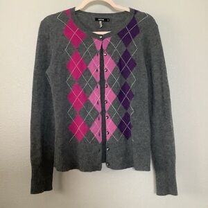 Apt. 9 Grey Argyle 100% Cashmere Preppy Old Money Cardigan Sweater M Retro Twee
